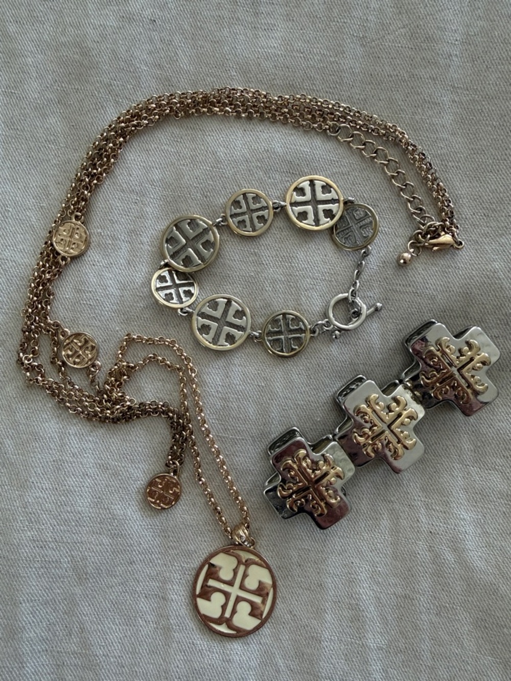 Gold/Silver Tone -Tory Burch costume jewelry 3 piece set. 2 bracelets/1 necklace